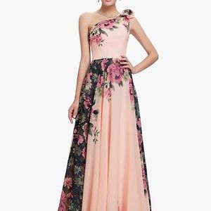 Grace Karin Peach Floral One Shoulder Gown